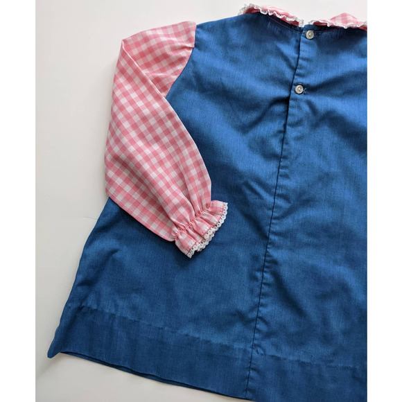 Vintage Girl's Jumper Dress Pink Gingham & Blue Cute Embroidered Mouse Detail - Picture 7 of 10
